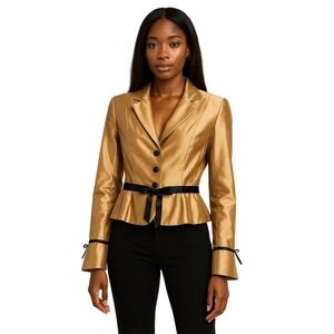 KAY UNGER 100% Silk Blazer Gold Satin‎ Peplum Black Ribbon Trim Size 12